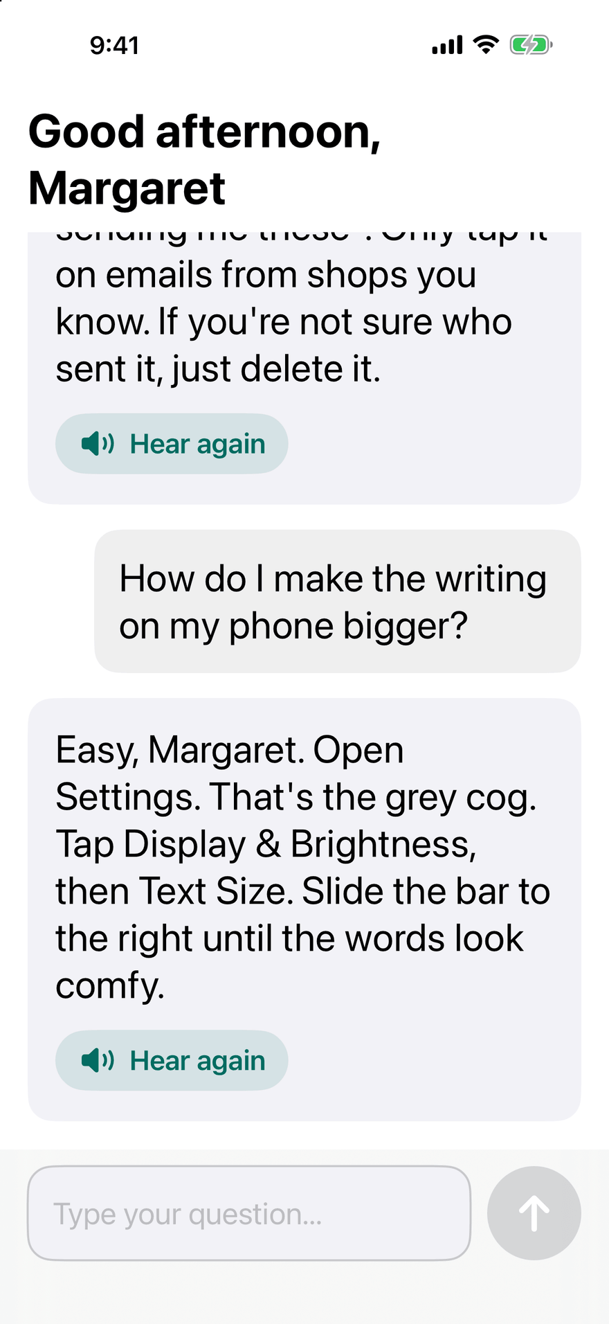 Oldie explaining, in big words, how to make the writing on the phone bigger.