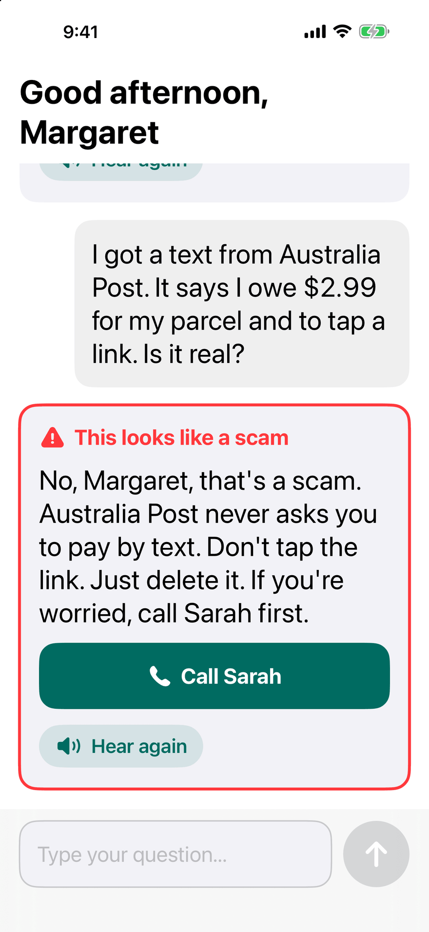 Oldie warning that a text asking for a $2.99 parcel fee is a scam, with a big Call Sarah button.